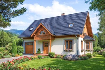 Projekt domu L-86 Dom długa - szkieletowy - parterowy z poddaszem dom o powierzchni 137,30 m², dach dwuspadowy, koszt budowy 375 840 zł - ujęcie frontu