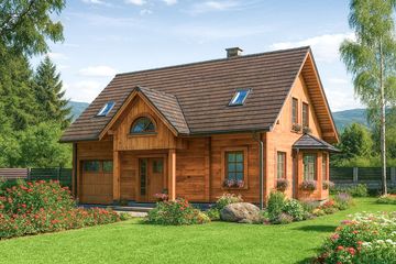 Projekt domu L-86 Dom długa - z bali - parterowy z poddaszem dom o powierzchni 134 m², dach dwuspadowy, koszt budowy 427 560 zł - ujęcie frontu