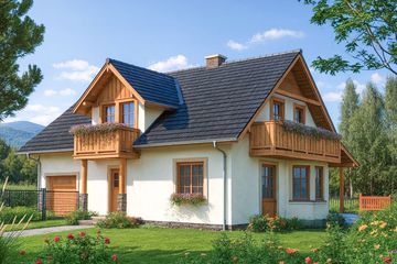 Projekt domu L-90 Dom irysowa - szkieletowy - parterowy z poddaszem dom o powierzchni 132,30 m², dach dwuspadowy, koszt budowy 360 240 zł - ujęcie frontu