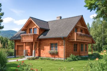 Projekt domu L-90 Dom irysowa z bali - parterowy z poddaszem dom o powierzchni 130,50 m², dach dwuspadowy, koszt budowy 411 600 zł - ujęcie frontu