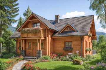 Projekt domu L-93 Dom krakowska - z bali - parterowy z poddaszem dom o powierzchni 126,70 m², dach dwuspadowy, koszt budowy 354 760 zł - ujęcie frontu