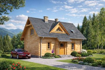 Projekt domu L-84 Dom krótka - z bali - parterowy z poddaszem dom o powierzchni 81,90 m², dach dwuspadowy, koszt budowy 229 320 zł - ujęcie frontu