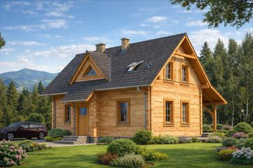 Projekt domu L-84 Dom krótka - z bali - parterowy z poddaszem dom o powierzchni 81,90 m², dach dwuspadowy - ujęcie 3