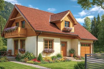 Projekt domu L-96 Dom cynamonowa - szkieletowy - parterowy z poddaszem dom o powierzchni 115,50 m², dach dwuspadowy, koszt budowy 318 000 zł - ujęcie frontu