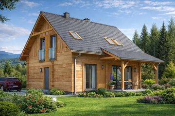 Projekt domu L-97 Dom tulipanowa - z bali - parterowy z poddaszem dom o powierzchni 102,90 m², dach dwuspadowy - ujęcie 2