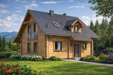 Projekt domu L-97 Dom tulipanowa - z bali - parterowy z poddaszem dom o powierzchni 102,90 m², dach dwuspadowy, koszt budowy 288 120 zł - ujęcie frontu