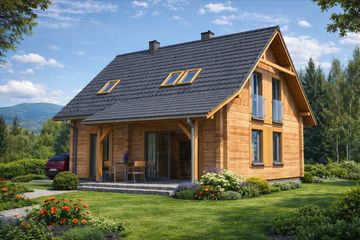 Projekt domu L-97 Dom tulipanowa - z bali - parterowy z poddaszem dom o powierzchni 102,90 m², dach dwuspadowy - ujęcie 3