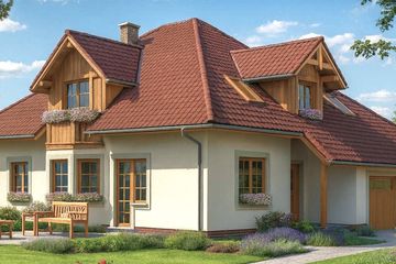Projekt domu A-107 Dom krucza - szkieletowy - parterowy z poddaszem dom o powierzchni 170,80 m², dach kopertowy, koszt budowy 493 440 zł - ujęcie frontu