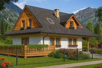 Projekt domu A-100 Dom słodka - szkieletowy - parterowy z poddaszem dom o powierzchni 104,50 m², dach dwuspadowy, koszt budowy 250 800 zł - ujęcie frontu