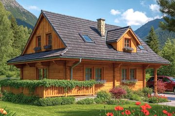 Projekt domu A-100 Dom słodka - z bali - parterowy z poddaszem dom o powierzchni 101,30 m², dach dwuspadowy, koszt budowy 283 640 zł - ujęcie frontu