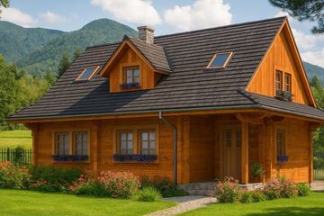 Projekt domu A-100 Dom słodka - z bali - parterowy z poddaszem dom o powierzchni 101,30 m², dach dwuspadowy - ujęcie 2