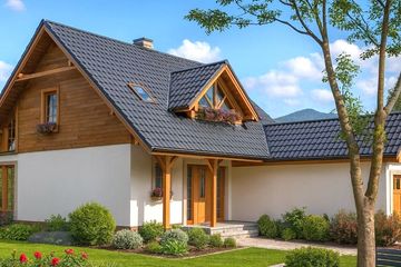 Projekt domu A-101 Dom karska - szkieletowy - parterowy z poddaszem dom o powierzchni 110,60 m², dach dwuspadowy, koszt budowy 305 520 zł - ujęcie frontu