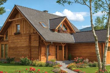 Projekt domu A-101 Dom karska - z bali - parterowy z poddaszem dom o powierzchni 101,30 m², dach dwuspadowy, koszt budowy 334 040 zł - ujęcie frontu