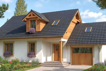 Projekt domu A-103 Dom jastrzębia - szkieletowy - parterowy z poddaszem dom o powierzchni 116,10 m², dach dwuspadowy, koszt budowy 336 000 zł - ujęcie frontu