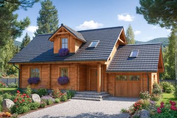 Projekt domu A-103 Dom jastrzębia - z bali - parterowy z poddaszem dom o powierzchni 113,70 m², dach dwuspadowy, koszt budowy 379 960 zł - ujęcie frontu