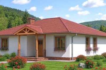 Projekt domu A-104 Dom poziomkowa - szkieletowy - parterowy dom o powierzchni 130,10 m², dach czterospadowy, koszt budowy 312 240 zł - ujęcie frontu