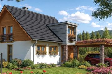 Projekt domu A-109 Dom wiązowa - szkieletowy - parterowy z poddaszem dom o powierzchni 162,70 m², dach dwuspadowy, koszt budowy 390 480 zł - ujęcie frontu