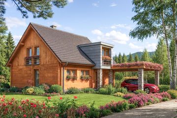 Projekt domu A-109 Dom wiązowa - z bali - parterowy z poddaszem dom o powierzchni 158,30 m², dach dwuspadowy, koszt budowy 443 240 zł - ujęcie frontu