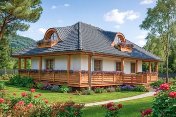 Projekt domu A-111 Dom spadowa - szkieletowy - parterowy z poddaszem dom o powierzchni 167,80 m², dach kopertowy, koszt budowy 517 680 zł - ujęcie frontu