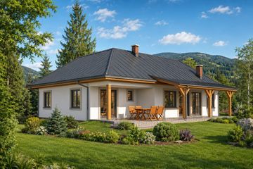 Projekt domu A-113 Dom olchowa - szkieletowy - parterowy dom o powierzchni 102,90 m², dach czterospadowy - ujęcie 2