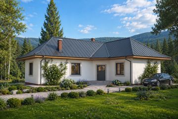 Projekt domu A-113 Dom olchowa - szkieletowy - parterowy dom o powierzchni 102,90 m², dach czterospadowy, koszt budowy 246 960 zł - ujęcie frontu