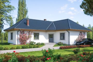 Projekt domu A-113 Dom olchowa - szkieletowy - parterowy dom o powierzchni 102,90 m², dach czterospadowy, koszt budowy 246 960 zł - ujęcie frontu
