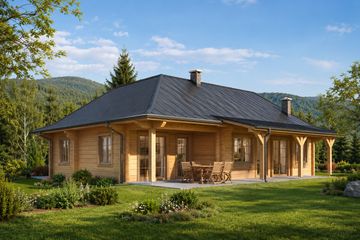 Projekt domu A-113 Dom olchowa - z bali - parterowy dom o powierzchni 99,80 m², dach czterospadowy - ujęcie 2