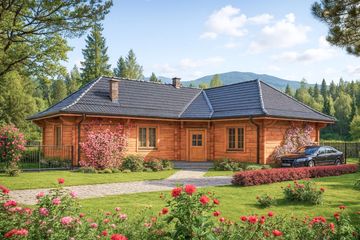 Projekt domu A-113 Dom olchowa - z bali - parterowy dom o powierzchni 99,80 m², dach czterospadowy, koszt budowy 279 440 zł - ujęcie frontu