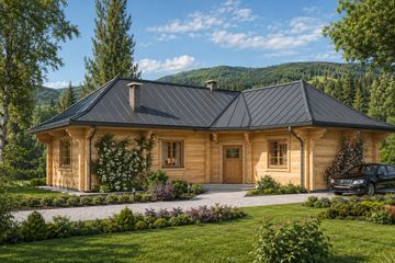 Projekt domu A-113 Dom olchowa - z bali - parterowy dom o powierzchni 99,80 m², dach czterospadowy, koszt budowy 279 440 zł - ujęcie frontu