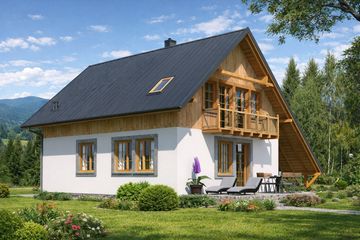 Projekt domu L-33 Dom lublińska - szkieletowy - parterowy z poddaszem dom o powierzchni 126,90 m², dach dwuspadowy, koszt budowy 304 560 zł - ujęcie frontu