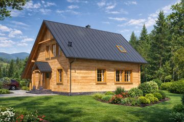 Projekt domu L-33 Dom lublińska - z bali - parterowy z poddaszem dom o powierzchni 123,70 m², dach dwuspadowy - ujęcie 2