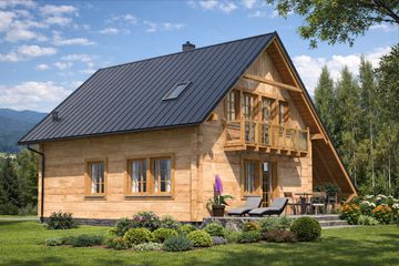 Projekt domu L-33 Dom lublińska - z bali - parterowy z poddaszem dom o powierzchni 123,70 m², dach dwuspadowy, koszt budowy 346 360 zł - ujęcie frontu