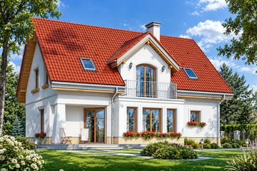 Projekt domu Koniczynka - parterowy z poddaszem dom o powierzchni 127,41 m², dach dwuspadowy, koszt budowy 326 000 zł - ujęcie frontu