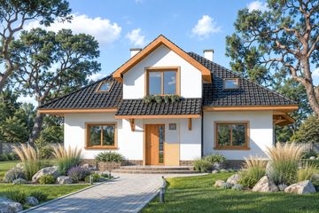 Projekt domu Kasia - parterowy z poddaszem dom o powierzchni 139,80 m², dach kopertowy, koszt budowy 362 000 zł - ujęcie frontu