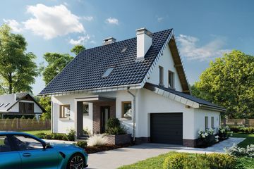 Projekt domu Ewa Neo (1375) - parterowy z poddaszem dom o powierzchni 100,80 m², dach dwuspadowy, koszt budowy 277 000 zł - ujęcie frontu