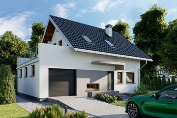 Projekt domu Zeta Karbo (1373) - parterowy z poddaszem dom o powierzchni 93,50 m², dach dwuspadowy, koszt budowy 272 000 zł - ujęcie frontu