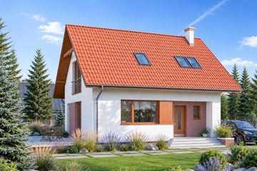 Projekt domu Jagoda - parterowy z poddaszem dom o powierzchni 87,05 m², dach dwuspadowy, koszt budowy 227 000 zł - ujęcie frontu