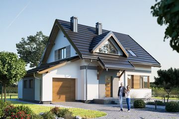 Projekt domu Malina Bobo (1387) - parterowy z poddaszem dom o powierzchni 97,20 m², dach dwuspadowy, koszt budowy 267 000 zł - ujęcie frontu