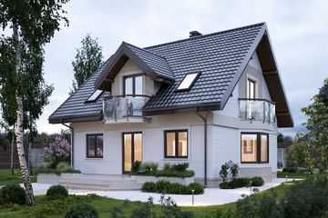 Projekt domu Helena Neo (1383) - parterowy z poddaszem dom o powierzchni 122 m², dach dwuspadowy, koszt budowy 316 000 zł - ujęcie frontu
