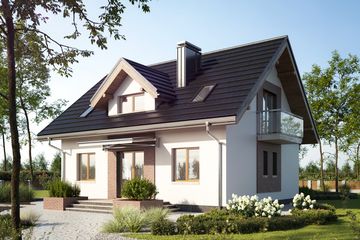 Projekt domu Hilda Rex (1385) - parterowy z poddaszem dom o powierzchni 126 m², dach dwuspadowy, koszt budowy 323 000 zł - ujęcie frontu