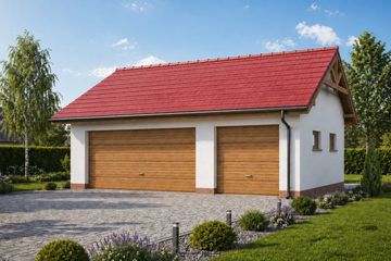 Projekt budynku gospodarczego G17 budynek gospodarczy - parterowy dom o powierzchni 56,55 m², dach dwuspadowy, koszt budowy 55 012 zł - ujęcie frontu