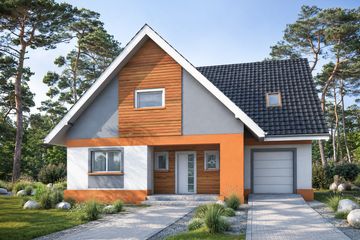 Projekt domu Rino - parterowy z poddaszem dom o powierzchni 199,20 m², dach wielospadowy, koszt budowy 515 000 zł - ujęcie frontu