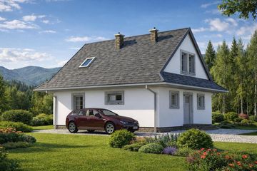 Projekt domu L-44 Dom biała - murowany - parterowy z poddaszem dom o powierzchni 83,30 m², dach dwuspadowy - ujęcie 3