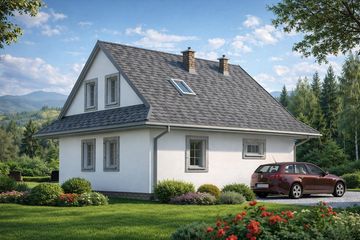 Projekt domu L-44 Dom biała - murowany - parterowy z poddaszem dom o powierzchni 83,30 m², dach dwuspadowy - ujęcie 4