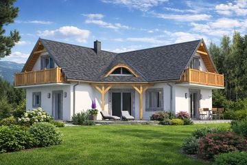 Projekt domu L-81 Dom odległa - murowany - parterowy z poddaszem dom o powierzchni 126,30 m², dach wielospadowy, koszt budowy 330 000 zł - ujęcie frontu