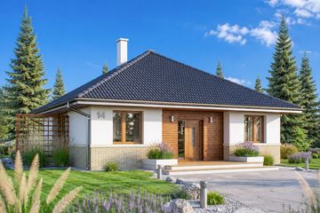 Projekt domu Elka 2 - parterowy dom o powierzchni 85,95 m², dach namiotowy, koszt budowy 246 000 zł - ujęcie frontu