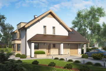 Projekt domu D156A - parterowy z poddaszem dom o powierzchni 135,76 m², dach dwuspadowy, koszt budowy 363 000 zł - ujęcie frontu