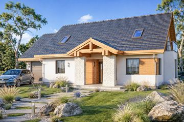 Projekt domu Aston 2b - parterowy z poddaszem dom o powierzchni 140,50 m², dach dwuspadowy, koszt budowy 298 000 zł - ujęcie frontu
