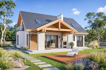 Projekt domu Aston 2d - parterowy z poddaszem dom o powierzchni 170,10 m², dach dwuspadowy, koszt budowy 459 000 zł - ujęcie frontu