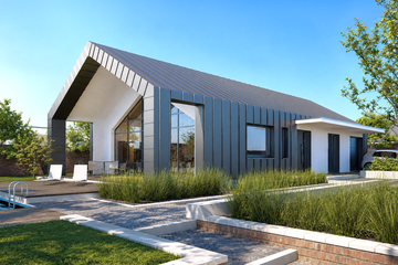 Projekt domu Lancaster DCB104 - parterowy dom o powierzchni 84,33 m², dach dwuspadowy, koszt budowy 285 000 zł - ujęcie frontu
